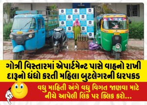 ગોત્રી વિસ્તારમાં એપાર્ટમેન્ટ પાસે વાહનો રાખી દારૂનો ધંધો કરતી મહિલા બુટલેગરની ધરપકડ