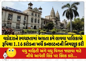 વડોદરાને સ્વચ્છતામાં અગ્રતા ક્રમે લાવવા પાલિકાએ રૂપિયા 1.16 કરોડના ખર્ચે કન્સલ્ટન્ટની નિમણૂક કરી