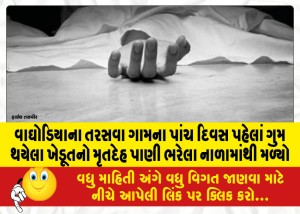 વાઘોડિયાના તરસવા ગામના પાંચ દિવસ પહેલાં ગુમ થયેલા ખેડૂતનો મૃતદેહ પાણી ભરેલા નાળામાંથી મળ્યો