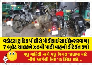 વડોદરા ટ્રાફિક પોલીસે મોડીફાઇ સાઇલેન્સરવાળા 7 બુલેટ ચાલકને ઝડપી પાડી વાહનો ડીટેઇન કર્યા