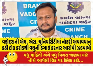 વડોદરાની એમ. એસ. યુનિવર્સિટીમાં નોકરી અપાવવાનું કહી દોઢ કરોડથી વધુની ઠગાઇ કરનાર આરોપી ઝડપાયો