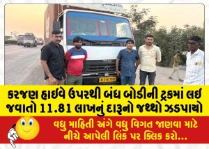 કરજણ હાઇવે ઉપરથી બંધ બોડીની ટ્રકમાં લઇ જવાતો 11.81 લાખનું દારૂનો જથ્થો ઝડપાયો