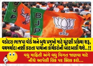 વડોદરા ભાજપા વોર્ડ અને બુથ પ્રમુખો માટે ચૂંટણી પ્રક્રિયા શરૂ, વયમર્યાદા નક્કી કરાતા પાયાના કાર્યકરોની બાદબાકી થશે..!!