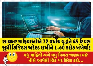 સાયબર માફિયાઓએ 72 વર્ષીય વૃદ્ધને 45 દિવસ સુધી ડિજિટલ અરેસ્ટ રાખીને 1.60 કરોડ ખંખેર્યા!
