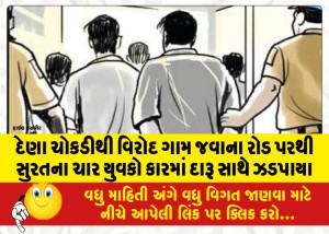 દેણા ચોકડીથી વિરોદ ગામ જવાના રોડ પરથી સુરતના ચાર યુવકો કારમાં દારૂ સાથે ઝડપાયા