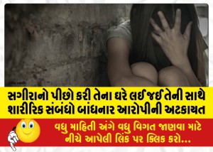 સગીરાનો પીછો કરી તેના ઘરે લઈ જઈ તેની સાથે શારીરિક સંબંધો બાંધનાર આરોપીની અટકાયત
