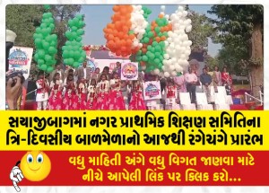 સયાજીબાગમાં નગર પ્રાથમિક શિક્ષણ સમિતિના ત્રિ-દિવસીય બાળમેળાનો આજથી રંગેચંગે પ્રારંભ