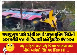 સયાજીપુરા પાસે વહેલી સવારે પારુલ યુનિવર્સિટીની બસ પલટી જતાં બે વિદ્યાર્થી અને ડ્રાઈવર ઈજાગ્રસ્ત