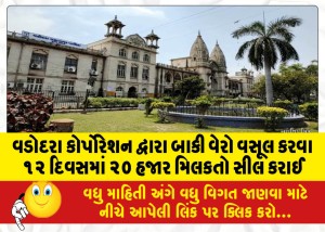 વડોદરા કોર્પોરેશન દ્વારા બાકી વેરો વસૂલ કરવા ૧૨ દિવસમાં ૨૦ હજાર મિલકતો સીલ કરાઈ