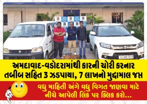 અમદાવાદ-વડોદરામાંથી કારની ચોરી કરનાર તબીબ સહિત 3 ઝડપાયા, રૂપિયા 7 લાખનો મુદ્દામાલ જપ્ત