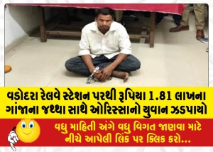 વડોદરા રેલવે સ્ટેશન પરથી રૂપિયા 1.81 લાખના ગાંજાના જથ્થા સાથે ઓરિસ્સાનો યુવાન ઝડપાયો
