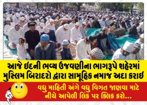 આજે ઇદની ભવ્ય ઉજવણીના ભાગરૂપે શહેરમાં મુસ્લિમ બિરાદરો દ્વારા સામૂહિક નમાજ અદા કરાઇ