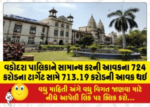 વડોદરા પાલિકાને સામાન્ય કરની આવકના 724 કરોડના ટાર્ગેટ સામે 713.19 કરોડની આવક થઇ