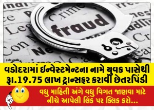 વડોદરામાં ઇન્વેસ્ટમેન્ટના નામે યુવક પાસેથી રૂા.19.75 લાખ ટ્રાન્સફર કરાવી છેતરપિંડી
