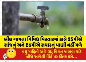 બીલ ગામના વિવિધ વિસ્તારમાં કાલે 25મીએ સાંજનું અને 26મીએ સવારનું પાણી નહીં મળે