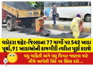 વડોદરા શહેર-જિલ્લાના 77 માર્ગો પર 542 ખાડા પૂર્યા,91 ખાડાઓની કામગીરી ત્વરિત પૂર્ણ કરાશે