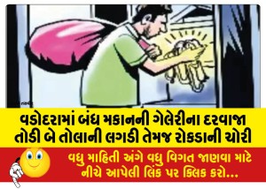વડોદરામાં બંધ મકાનની ગેલેરીના દરવાજા તોડી બે તોલાની લગડી તેમજ રોકડાની ચોરી