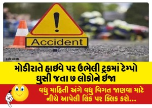 મોડીરાતે હાઇવે પર ઉભેલી ટ્રકમાં ટેમ્પો ઘુસી જતા ૭ લોકોને ઇજા