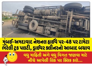 મુંબઈ-અમદાવાદ નેશનલ હાઈવે પર-48 પર ટામેટા ભરેલી ટ્રક પલટી, ડ્રાઈવર ક્લીનરનો આબાદ બચાવ