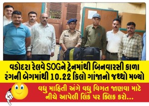વડોદરા રેલવે SOGને ટ્રેનમાંથી બિનવારસી કાળા રંગની બેગમાંથી 10.22 કિલો ગાંજાનો જથ્થો મળ્યો