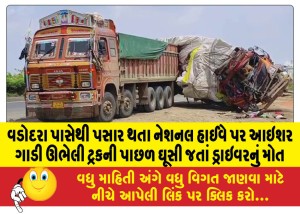 વડોદરા પાસેથી પસાર થતા નેશનલ હાઈવે પર આઇશર ગાડી ઊભેલી ટ્રકની પાછળ ઘૂસી જતાં ડ્રાઇવરનું મોત