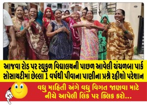 આજવા રોડ પર રઘુકુળ વિદ્યાલયની પાછળ આવેલી ચંચળબા પાર્ક સોસાયટીમાં છેલ્લા 1 વર્ષથી પીવાના પાણીના પ્રશ્ને રહીશો પરેશાન