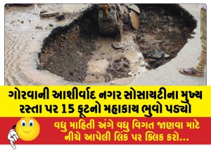 ગોરવાની આશીર્વાદ નગર સોસાયટીના મુખ્ય રસ્તા પર 15 ફૂટનો મહાકાય ભુવો પડ્યો