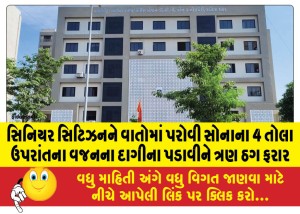 સિનિયર સિટિઝનને વાતોમાં પરોવી સોનાના 4 તોલા ઉપરાંતના વજનના દાગીના પડાવીને ત્રણ ઠગ ફરાર