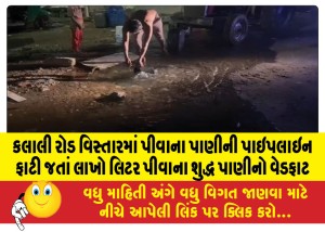 કલાલી રોડ વિસ્તારમાં પીવાના પાણીની પાઇપલાઇન ફાટી જતાં લાખો લિટર પીવાના શુદ્ધ પાણીનો વેડફાટ