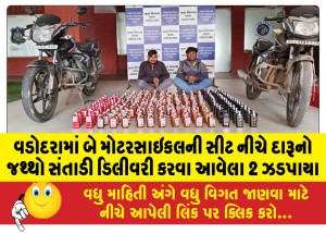 વડોદરામાં બે મોટરસાઇકલની સીટ નીચે દારૂનો જથ્થો સંતાડી ડિલીવરી કરવા આવેલા 2 ઝડપાયા
