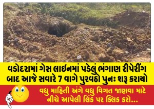 વડોદરામાં ગેસ લાઇનમાં પડેલું ભંગાણ રીપેરીંગ બાદ આજે સવારે 7 વાગે પુરવઠો પુનઃ શરૂ કરાયો