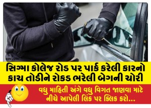 સિગ્મા કોલેજ રોડ પર પાર્ક કરેલી કારનો કાચ તોડીને રોકડ ભરેલી બેગની ચોરી