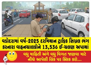 વડોદરામાં વર્ષ-2025 દરમિયાન ટ્રાફિક સિગ્નલ ભંગ કરનારા વાહનચાલકોને 13,536 ઈ-ચલણ અપાયાં