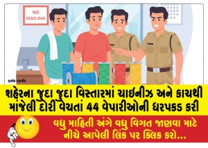 શહેરના જુદા જુદા વિસ્તારમાં ચાઇનીઝ અને કાચથી માંજેલી દોરી વેચતાં 44 વેપારીઓની ધરપકડ કરી