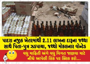 પાદરા નજીક ખેતરમાંથી 2.11 લાખના દારૂના જથ્થા સાથે પિતા-પુત્ર ઝડપાયા, જથ્થો મોકલનાર વોન્ટેડ