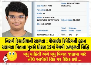 નિસર્ગ ફિચાડીયાની સફળતા : મોબાઈલ રિપેરિંગની દુકાન ચલાવતા પિતાના પુત્રએ ધોરણ 12માં મેળવી ઝળહળતી સિદ્ધિ