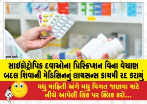 સાઇકોટ્રોપિક દવાઓના પ્રિસ્ક્રિપ્શન વિના વેચાણ બદલ શિવાની મેડિસિનનું લાયસન્સ કાયમી રદ કરાયું
