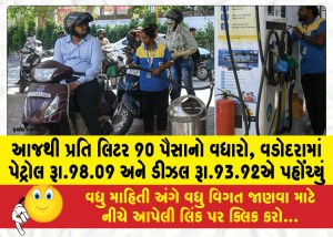 આજથી પ્રતિ લિટર 90 પૈસાનો વધારો, વડોદરામાં પેટ્રોલ રૂા.98.09 અને ડીઝલ રૂા.93.92એ પહોંચ્યું